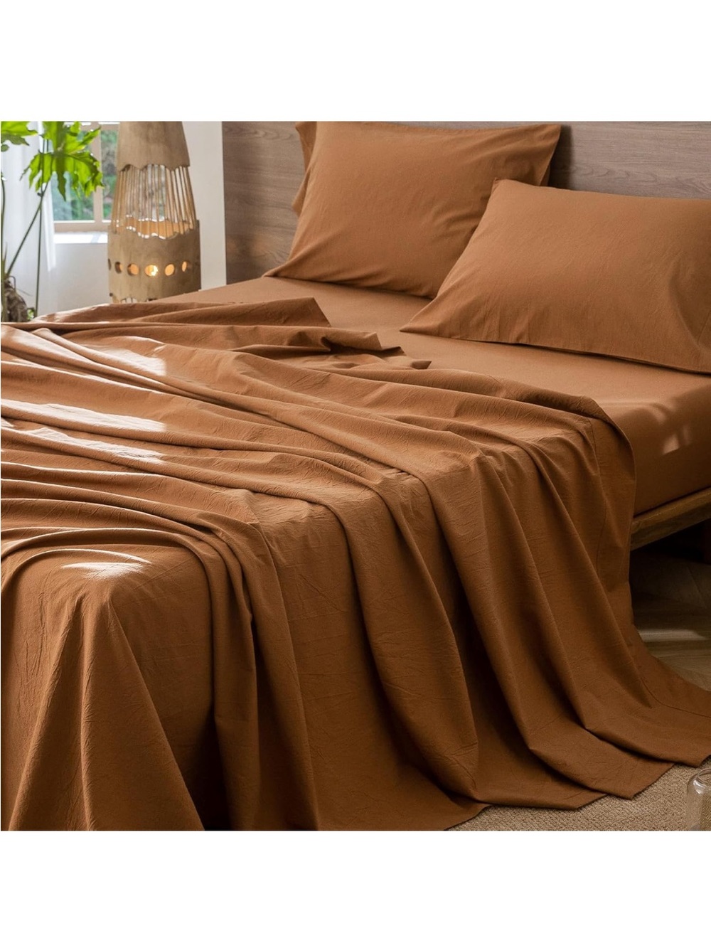 NEW MooMee Flat Top Sheet. 100% Washed Cotton Linen Like. Dark Orange, Queen